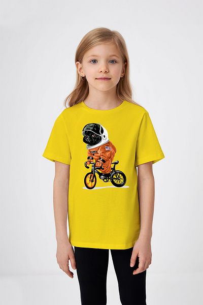 ADABEBEK Bicycle Riding Astronaut Dog Printed Girl's T-Shirt