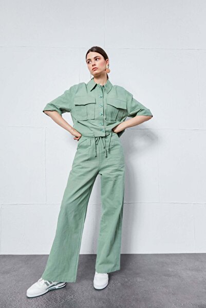 FABB Σετ παντελόνι και πουκάμισο από λινό πράσινο με λεπτομέρεια τσέπης