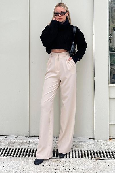 Swist Beige Hera Palazzo-Hose für Damen mit elastischer Taille und Tasche