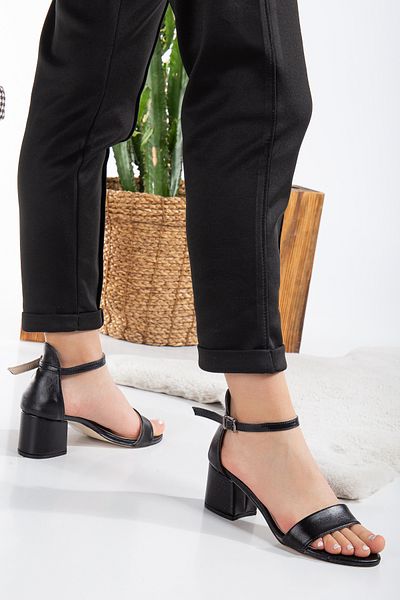Moricha Women's 5cm Thick Heeled Black Skin Stylish Daily Outdoor Shoes