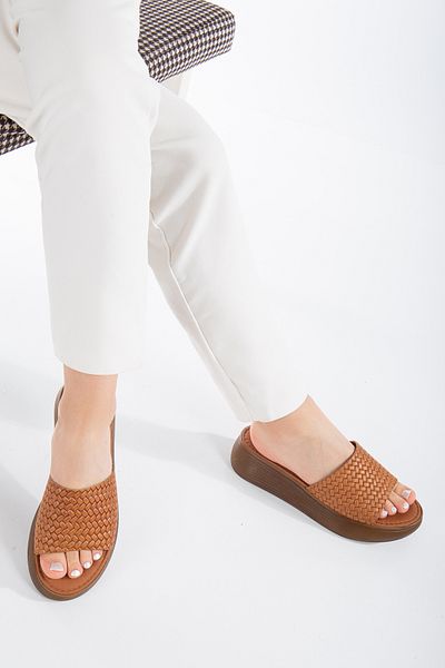 SANDALİ WOMEN'S GENUINE LEATHER VAKETA TAN SHOES SLIPPERS