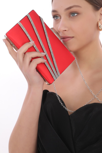 womenacs Ženska satenska večernja haljina crvene boje, clutch, svadba, veridb...