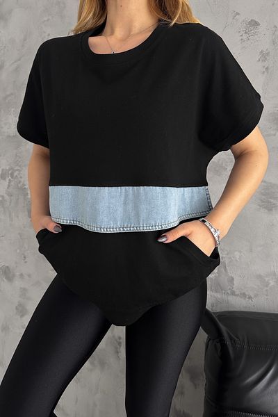 FEMELLE Tricou din bumbac cu design detaliat, blugi cu buzunar dublu, negru, mărime standard