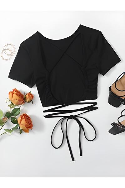 Teenystore Sırt Dekolteli İp Bağcıklı Crop Top Bluz Kısa Kollu Bisiklet Yaka