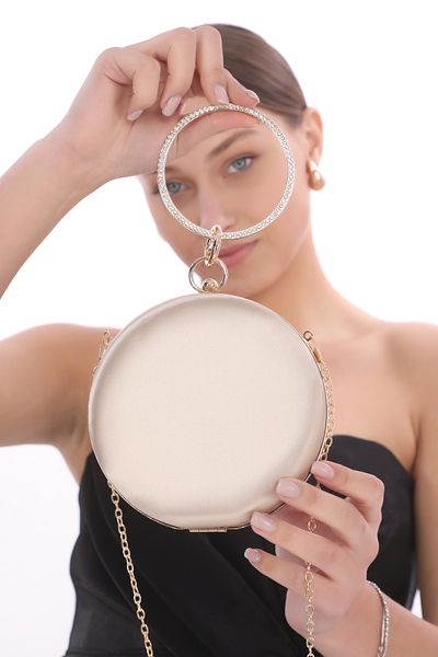 womenacs Χρώμα δέρματος Σατέν ύφασμα με πέτρα Βραχιόλι Δαχτυλίδι Βραδινό Φόρεμα Portfolio Clutch Νυφική ​​τσάντα (διάμετρος 15 cm)