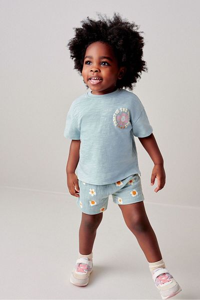 Next Baby 100% Cotton Blue Flovers T-shirt Muslin Shorts Top and Bottom Set