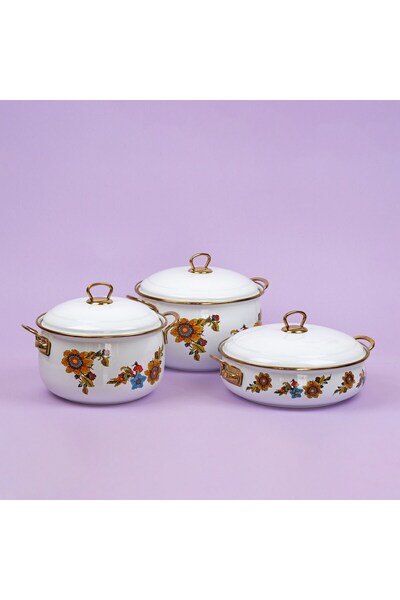 Glore Lorena Beyaz 6 Parça Büyük Emaye Tencere Takımı 28cm - 26cm - 24cm