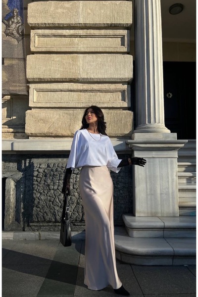 VOOLSTYLE Düz renk viskon saten,midi boy etek