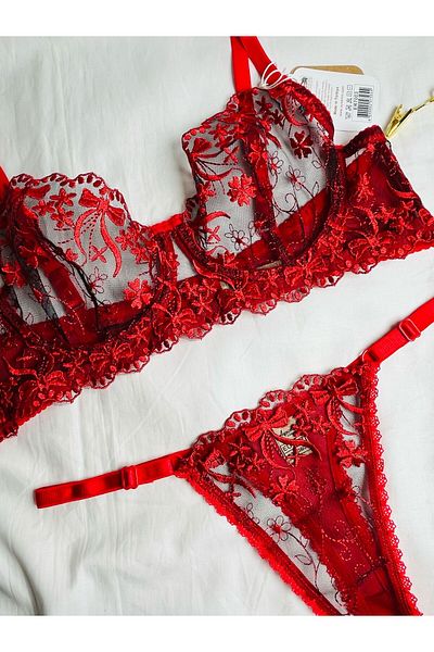 mendoza store Red Embroidery Thong Pantyhose Bra Set