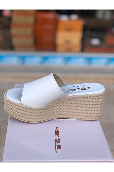 PUNTO Wedge Straw Heel Slippers Black White