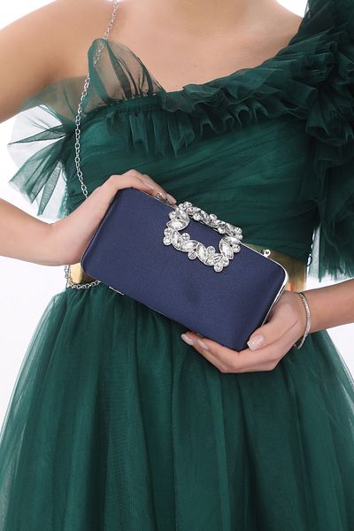 womenacs Culoarea bleumarin, țesătură satinată, cu motiv floral, rochie de seară cu pietre în mână și curea, portofoliu, geantă de seară