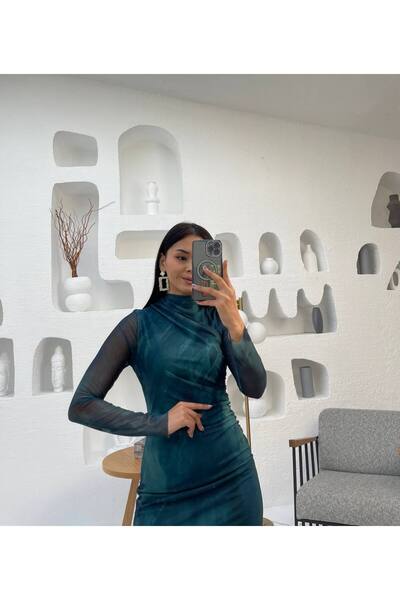 GİYSİ DÜNYASI tulle Fabric Stand Collar Lined Gathered Dress