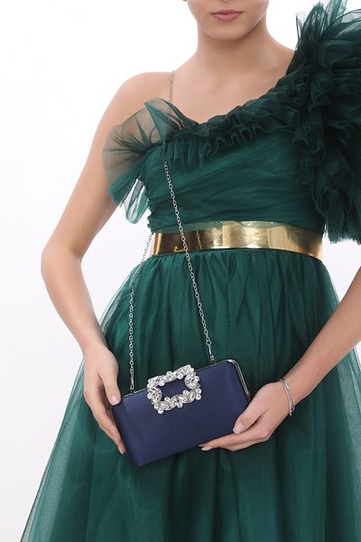 womenacs Culoarea bleumarin, țesătură satinată, cu motiv floral, rochie de seară cu pietre în mână și curea, portofoliu, geantă de seară