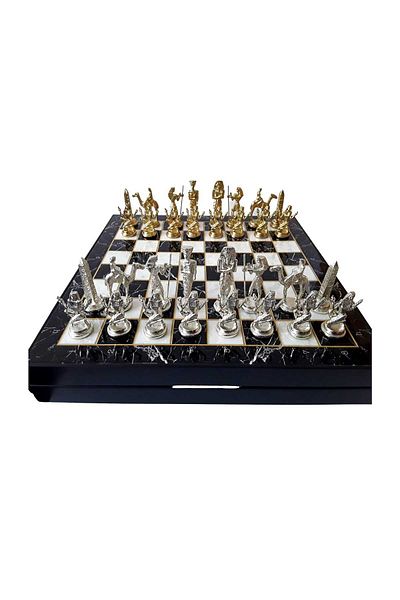 kapadokyahediyelik Chess Game Set, Wooden Box, Zamak Metal Cast Stone