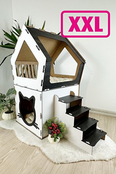 Onix Home XXL MODEL DEKORATİF AHŞAP BÜYÜK TERASLI KEDİ EVİ 5KG VE ÜZERİ KEDİL...