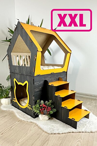 Onix Home XXL MODEL DEKORATİF AHŞAP BÜYÜK TERASLI KEDİ EVİ 5KG VE ÜZERİ KEDİL...