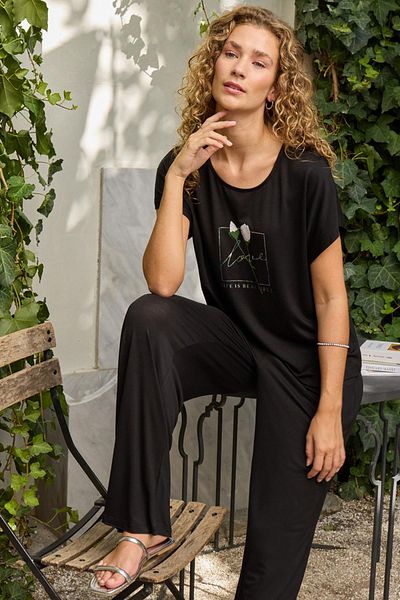 GİZZEY Women's Short Sleeve Black Pajamas Set C1T8N012