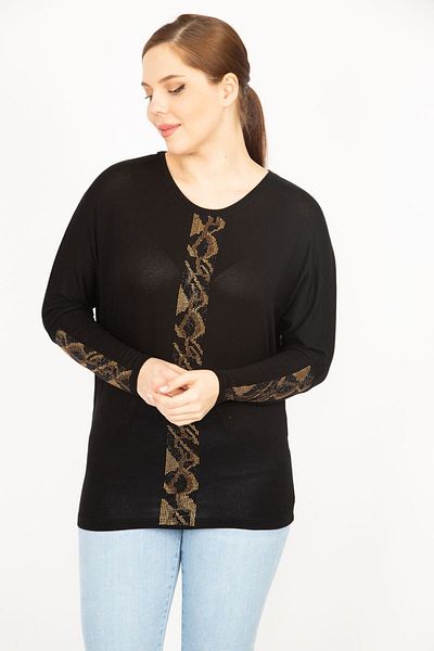Şans Women's Black Plus Size Stone Detailed Long Sleeve Blouse 65n35904