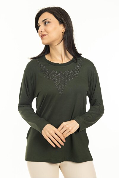 Mutlu City Yeni Sezon Kadın Orta Yaş ve Üzeri Yeni Desen Yuvarlak Yaka Likralı Anne Penye Bluz 30530