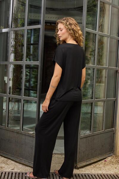 GİZZEY Women's Short Sleeve Black Pajamas Set C1T8N012