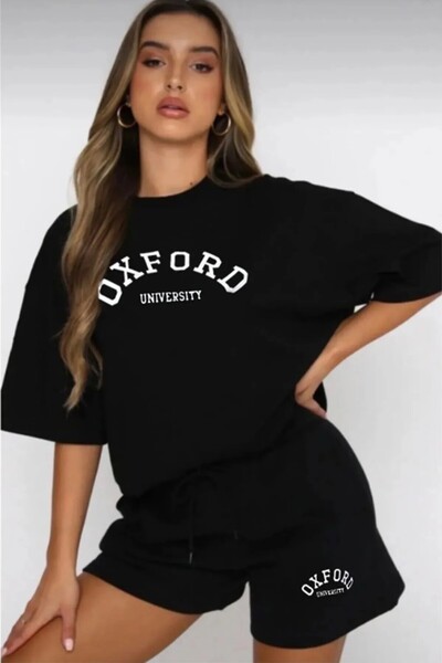 HIRSCH Kadın Siyah Oversize Yazlık Oxford University Baskılı Şort T-shirt Takım