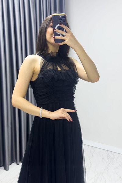 zks grup tekstil Women's Black Tulle Draped Zero Sleeve Plus Size Evening Dress