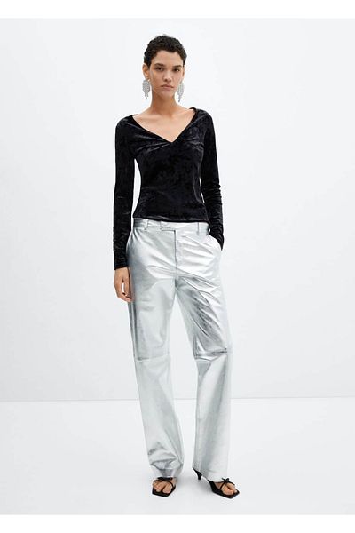 MANGO Woman Tricou din catifea cu decolteu in V