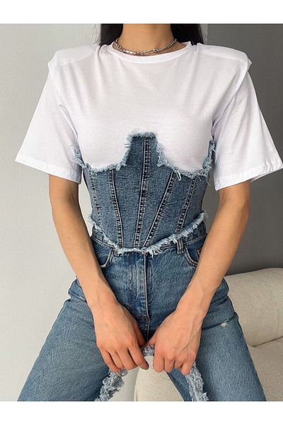 NEW JOURNAL Tricou alb căptușit cu detaliu corset de jeans cu design special pentru femei Tll50751