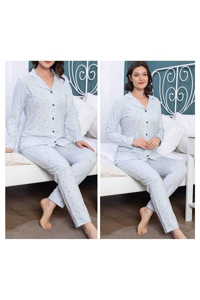 secret night Baby blue, μπροστινό κουμπί με αστεράκια, σετ πιτζάμες από βαμβακερό ύφασμα