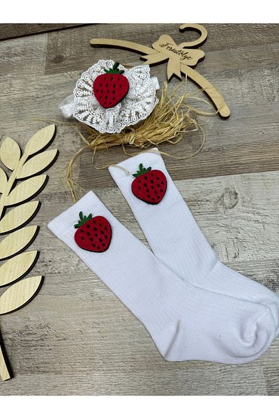 Feriatolye Strawberry figured white lace baby girl headband and strawberry concept white baby girl knee socks