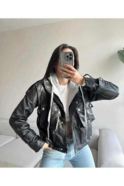 Ekim Store Сіра шкіряна куртка з капюшоном