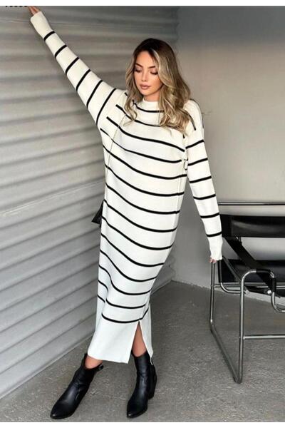 Esinty Rochie de damă cu fantă laterală, cu potrivire confortabilă, cu dungi lungi (culoare)