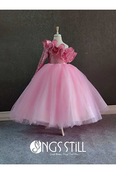 NGS STİL Pembe Payet Tek Omuz Ara Boy Tarlatanlı Elbise