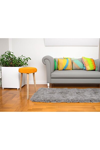 DEKOR MOBİLYACIM Tabure turuncu renk 3 ayaklı  ham ayak tabure oturak Gürgen Ahşap Retro Ayak Dekoratif Beyaz Pelüş