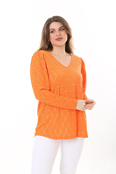 Şans Women's Plus Size Orange Hole Fabric Shoulder Shirring Detailed V-Neck Blouse 65N37578