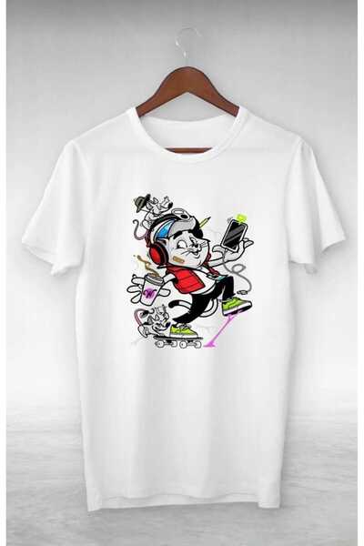 PERISENSE للجنسين النساء الرجال سكيت القط ماوس مطبوعة تي شيرت كبير الحجم