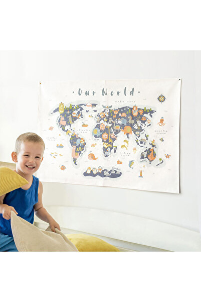 Jüppo Hayvanlar Alemi Dünya Haritası Duvar Örtüsü, Organik Pamuk Kumaş