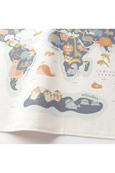 Jüppo Hayvanlar Alemi Dünya Haritası Duvar Örtüsü, Organik Pamuk Kumaş