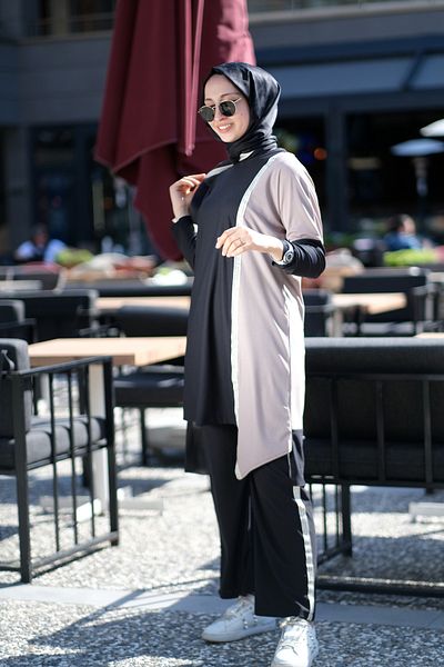 ZUBAZUP Black Mink Striped Hijab Top and Bottom Set Tunic Trousers 2-Piece Set Crepe Knitted