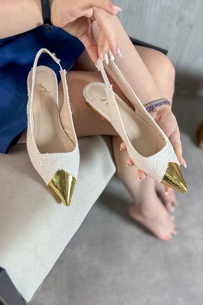 SHOEBELLAS Balerini de damă din țesătură tweed alb cu detaliu auriu