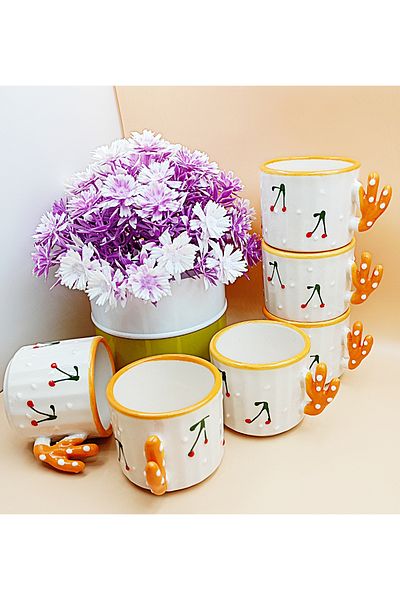 Salizera 6 Pieces Cherry Cup - Hand Made Ceramic 150 Ml Tea, Duble Coffee, Espresso, Neskafe Cup Gift<<