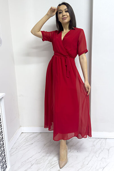 zks grup tekstil Short Sleeve Lined Plus Size Chiffon Dress Black, Burgundy, Khaki, White, Green, Flower Pot, Red, Purple