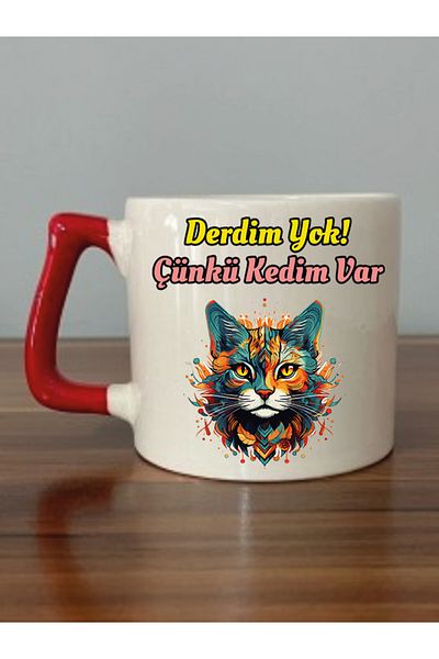 lili hediyelik I Have No Derdim Because I Have a Cat Red Handle Mug Cup - Ceramic Tea, Coffee Gift Cup