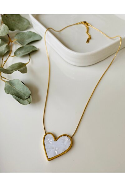 Fynbos Paslanmaz Çelik Altın Kaplama Sedef Taşlı Kalp Kolye
