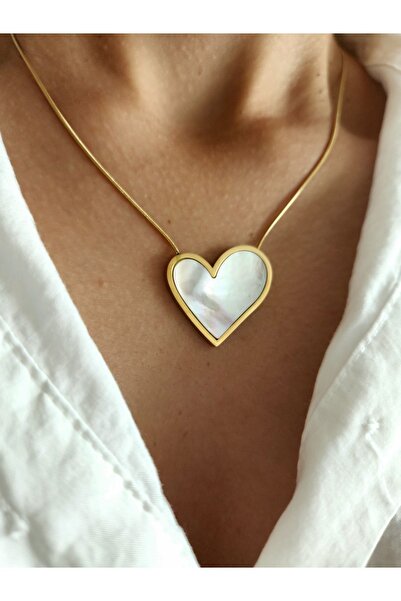 Fynbos Paslanmaz Çelik Altın Kaplama Sedef Taşlı Kalp Kolye