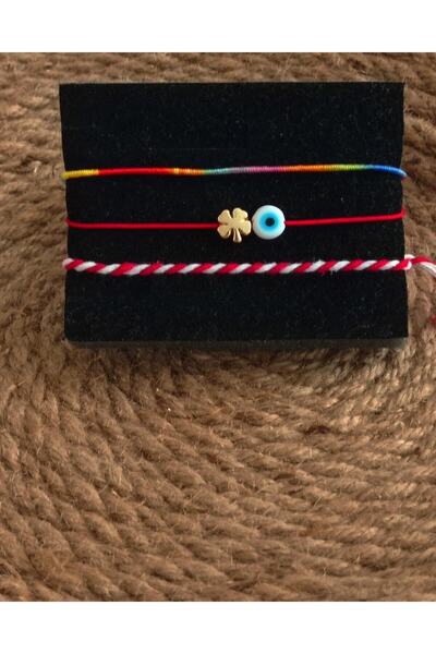 Lal Beyaz Cam Nazar Boncuklu Yonca Figürlü Şans Bilekliği , Marteniçka, Kırçı...