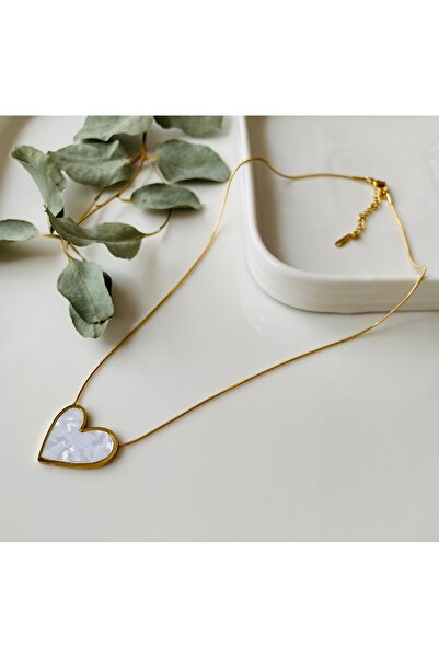 Fynbos Paslanmaz Çelik Altın Kaplama Sedef Taşlı Kalp Kolye