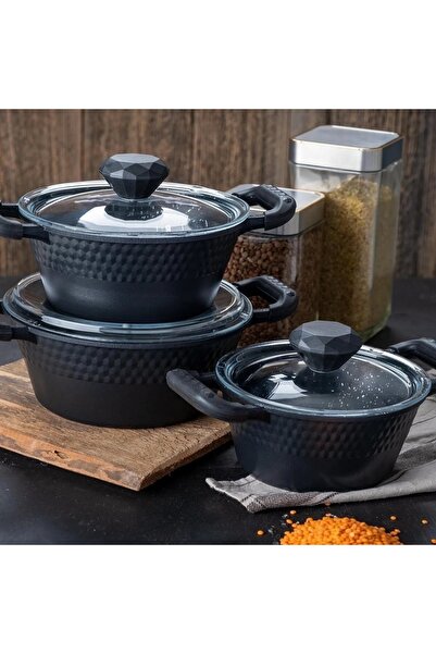 DGCHOME وعاء ميدي مكون من 3 قطع من Acar Diamente مع غطاء زجاجي - 16/18/20 سم