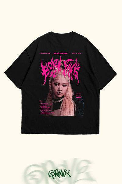 Grove Fashion تيشيرت بلاك بينك روز كبير الحجم للجنسين - مطبوع من الأمام والخلف