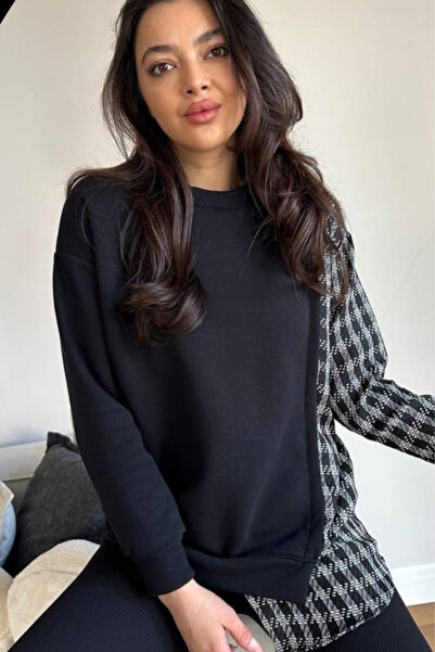 ESSFASIHON Hanorac negru cu detaliu în carouri pentru damă